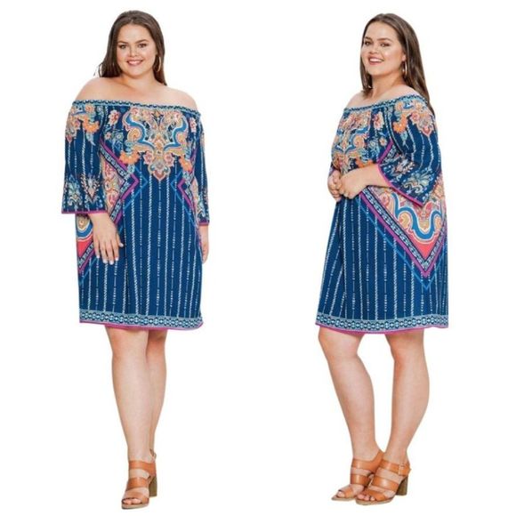 Flying Tomato Dresses & Skirts - NEW Blue Boho Print Off Shoulder Plus Dress 2X